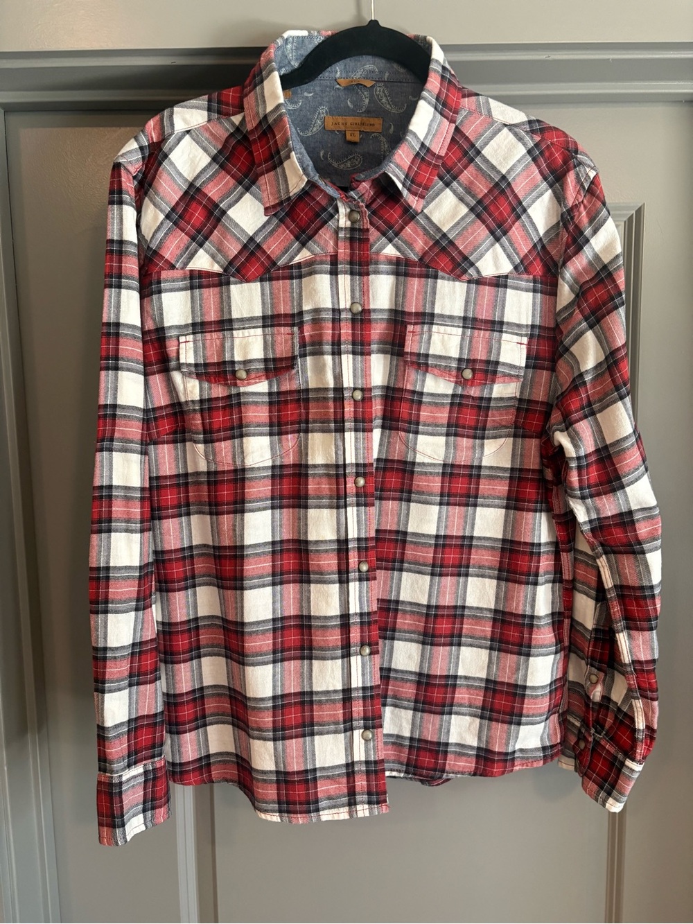 Jachs Girlfriend Men’s XL Plaid Pearl Snap Flannel Shirt Red White Blue Western